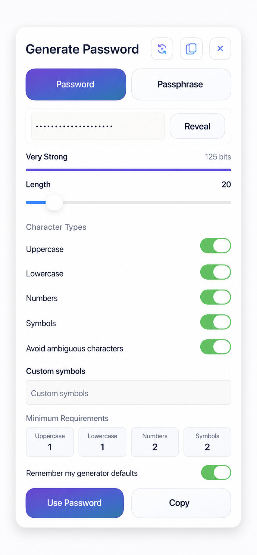 MystSafe Generate Password sheet showing password and passphrase modes, a 125-bit strength estimate, length and character controls, custom symbols, minimum requirements, remembered defaults, and Use Password and Copy actions